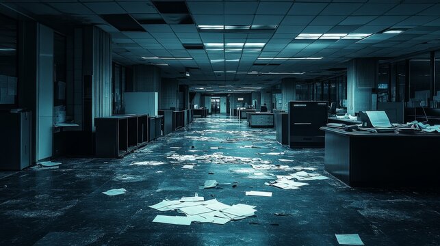 Abandoned Office with Water Damage and Scattered Papers