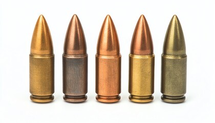 Four copper and brass bullets arranged randomly, isolated on a white background