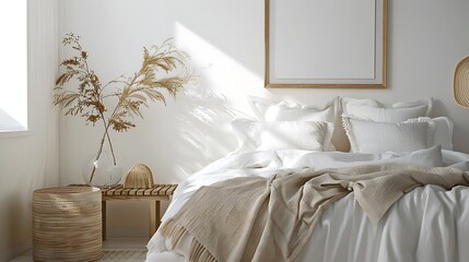 Beautiful Colored Mockup Bedroom Interior Blank Poster Decoration Art Background Image, generative AI