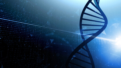 Dna strand on dark blue digital technology network background. Illustration.
