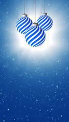 Blue new years swinging 3D baubles on a artistic winter sky background with realistic snowflakes. Copy space vertical illustration background.	
