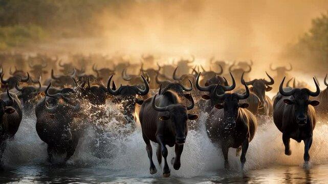 Massive herd of water buffaloes stampedes through river during sunset in savannah