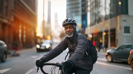Confident African American Senior Man Riding a Bicycle in a Busy Urban Street at Sunrise