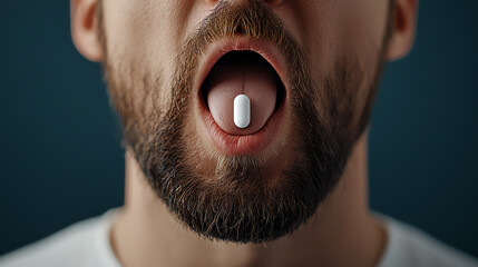 Man with Pill on Tongue - Medication and Health Concept