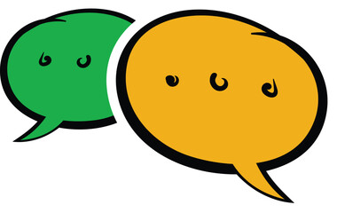 Green and orange speech bubbles represent communication and dialogue