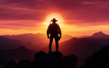 Obraz premium A silhouette of a lone hiker on a rocky peak against a vibrant sunset, surrounded by mountains, evoking adventure and solitude.