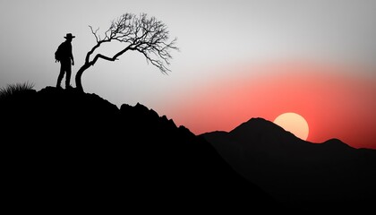 A silhouetted hiker stands on a ridge beneath a sunset, framed by a solitary tree and mountains, evoking a sense of adventure and tranquility.