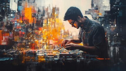 A Man Working on a Circuit Board Against a Digital Cityscape