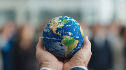 A person holds a small globe, symbolizing global awareness and responsibility in a crowded setting.