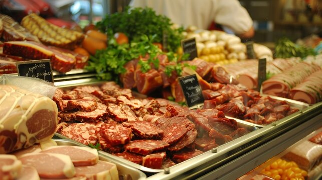 Skilled butcher arranging fresh cuts of meat at a farmers market. Offering high quality. Locally sourced products with vibrant colors and textures - Powered by Adobe