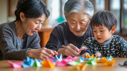 Fototapeta premium Grandparents and grandchildren bond over the art of origami a creative learning experience