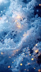 Beautiful frosty snowflakes illuminated with warm glowing light accents.