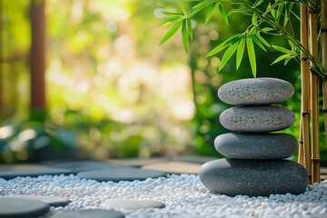 Stacked Stones and Bamboo in a Tranquil Zen Garden
