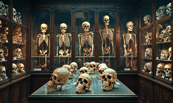 A display of human skeletons and skulls in a museum setting.