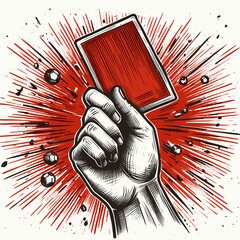 A hand drawn sketch of a referee showing a red card in soccer is represented as a vector illustration