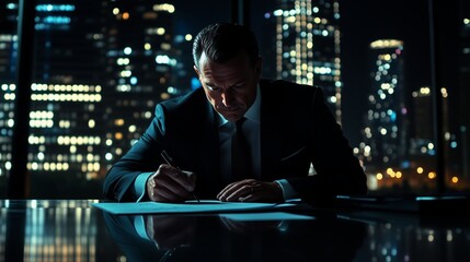 Fototapeta premium Male businessman working in office in evening .Generative AI