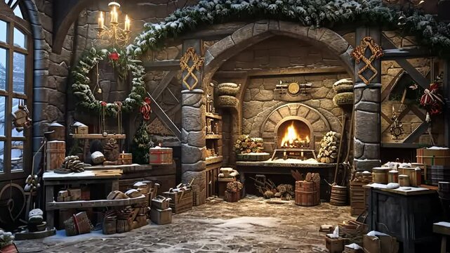 Christmas interior rural background, Santa Claus rustic workshop with fireplace