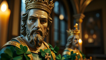 Obraz premium Celebrating St. Patrick's Day with grand decorations and mesmerizing statues adorning a festive venue illuminated by soft candlelight