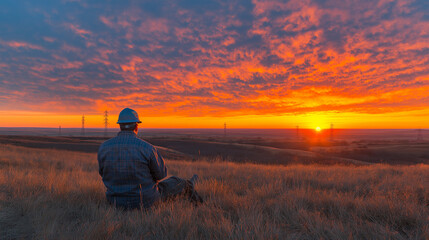 Solitude at Sunset: A lone figure, bathed in the warm glow of a breathtaking sunset, finds peace and reflection amidst a vast field.