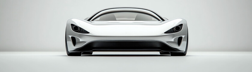 Sleek white futuristic car from a front view, minimalist design, isolated