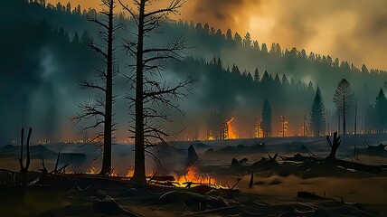 Wildfire in Mountain Landscape at Dusk