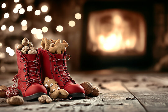St. Nicholas Day.Boots with sweets and gifts on the floor in the room, St. Nicholas Day greeting card,Christmas Eve,sinterklaas	