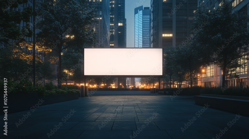 Poster a wide shot of a blank billboard situated in a city park. the billboard is lit and stands in the cen
