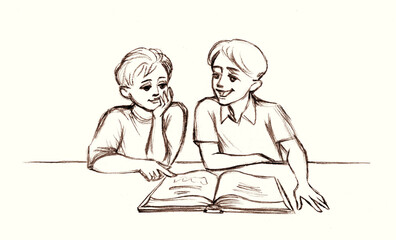 Pencil drawing. Kids reading a book