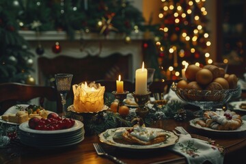 Fototapeta premium Christmas table with holiday themed dishes and candles