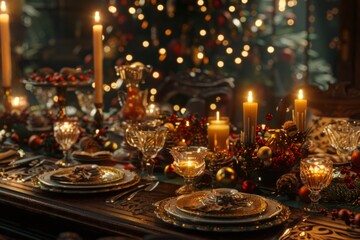 Fototapeta premium Christmas table with holiday themed dishes and candles