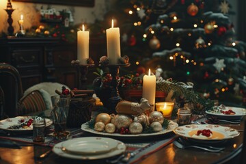 Christmas table with holiday themed dishes and candles