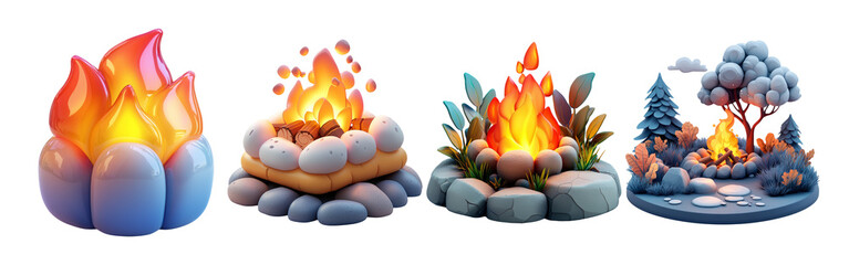 Colorful Campfire Illustrations on Transparent Background