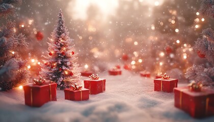Obraz premium Snowy holiday scene with red gift boxes and decorated trees, soft focus, red and white color scheme, festive atmosphere
