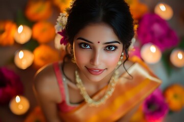 Fototapeta premium Indian Woman Close-up with Glowing Skin and Soft Hair in Candlelight