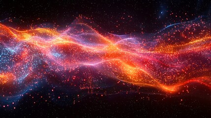 Obraz premium Abstract digital wave with blue and orange glowing particles on a black background.