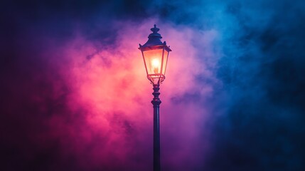 Streetlamp glowing through colorful mist moody and surreal ambiance