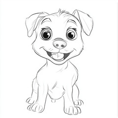 Playful cartoon-style puppy with a big smile and expressive eyes in line art