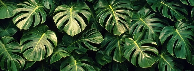 Obraz premium Lush Swiss Cheese Plant Leaves Isolated on Dark Background