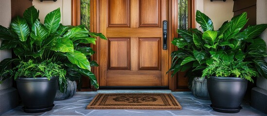 Charming front door adorned with lush potted plants and a welcoming doormat ideal for enhancing home entryways