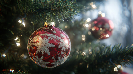 Sparkling ornaments with festive designs on a Christmas tree