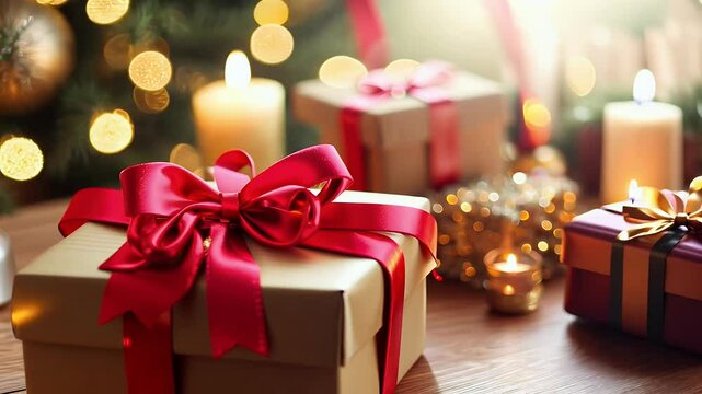 collection Christmas gift boxes wrapped red satin ribbons surrounded festive baubles candles string lights creating beautiful backdrop perfect New Year&rsquo;s greeting card promotional