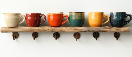 Colorful assortment of ceramic cups hanging on rustic wall hooks perfect for kitchen decor and organization