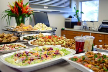 Obraz premium Table overflowing with food and drink at office celebration