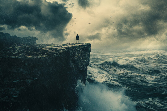back view of man standing on cliff over stormy sea with copy space for text