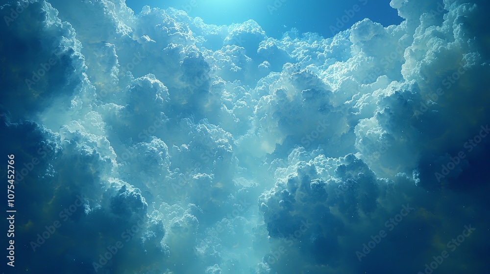 Wall mural a serene view of fluffy clouds illuminated by soft light in a blue sky.