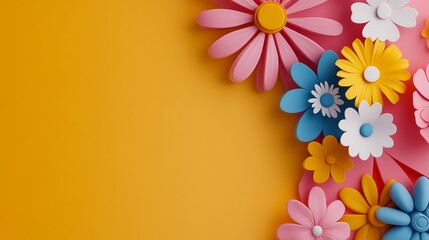 Colorful bouquet of flowers is arranged in a border on a yellow background. The flowers are made of paper and are arranged in a way that creates a sense of depth and dimension