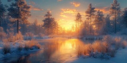 Fototapeta premium A snowy forest scene with a river in the foreground and a golden sunrise in the background.