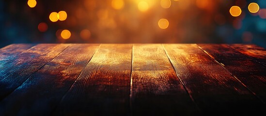 Close up view of a rustic wooden table surface with a blurred background ideal for photo montages or product displays