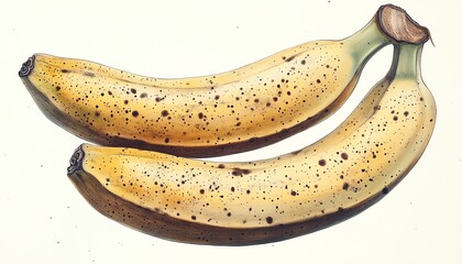 Two ripe bananas with speckles on white background