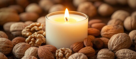 Close up of a flickering candle surrounded by an assortment of nuts perfect for creating a cozy and inviting atmosphere